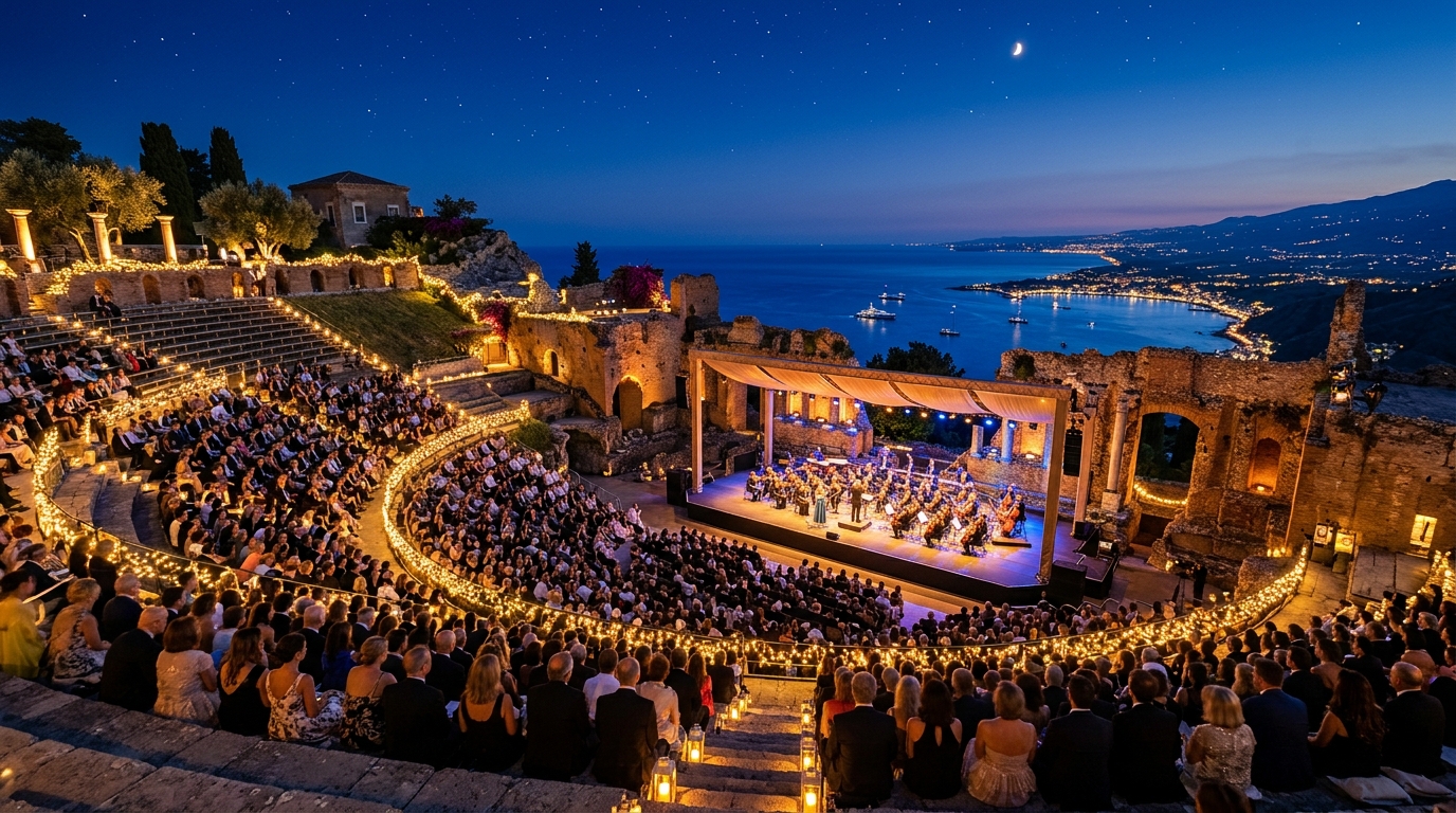 Luxury open-air event amphitheater and coastal festival celebration
